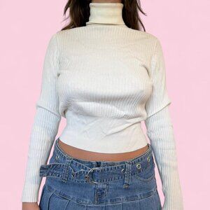 white ribbed turtleneck long sleeve top